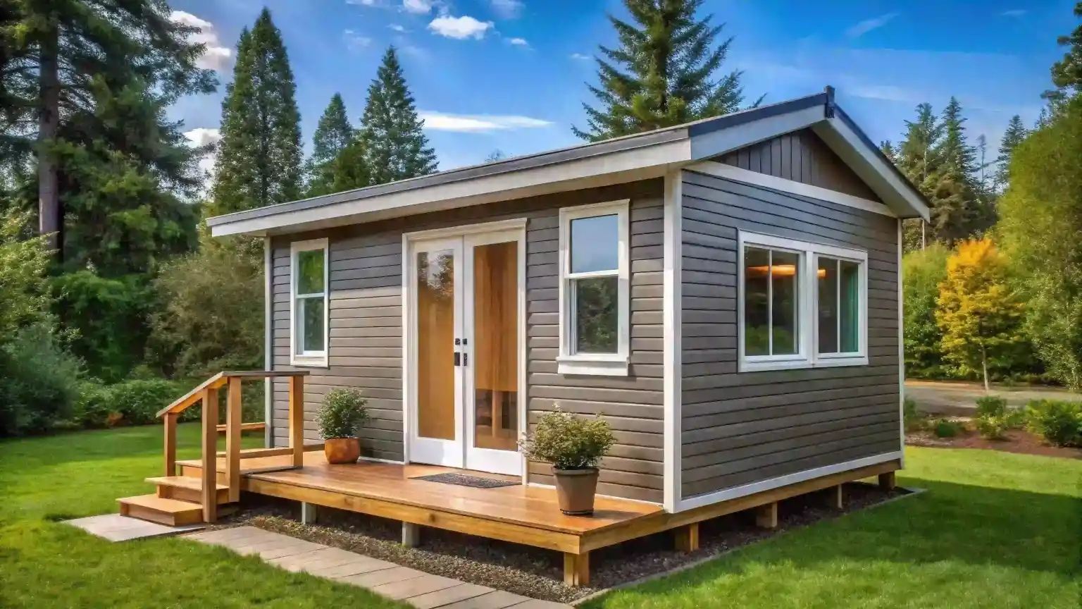 Small accessory dwelling unit (ADU) surrounded by trees in a landscaped backyard
