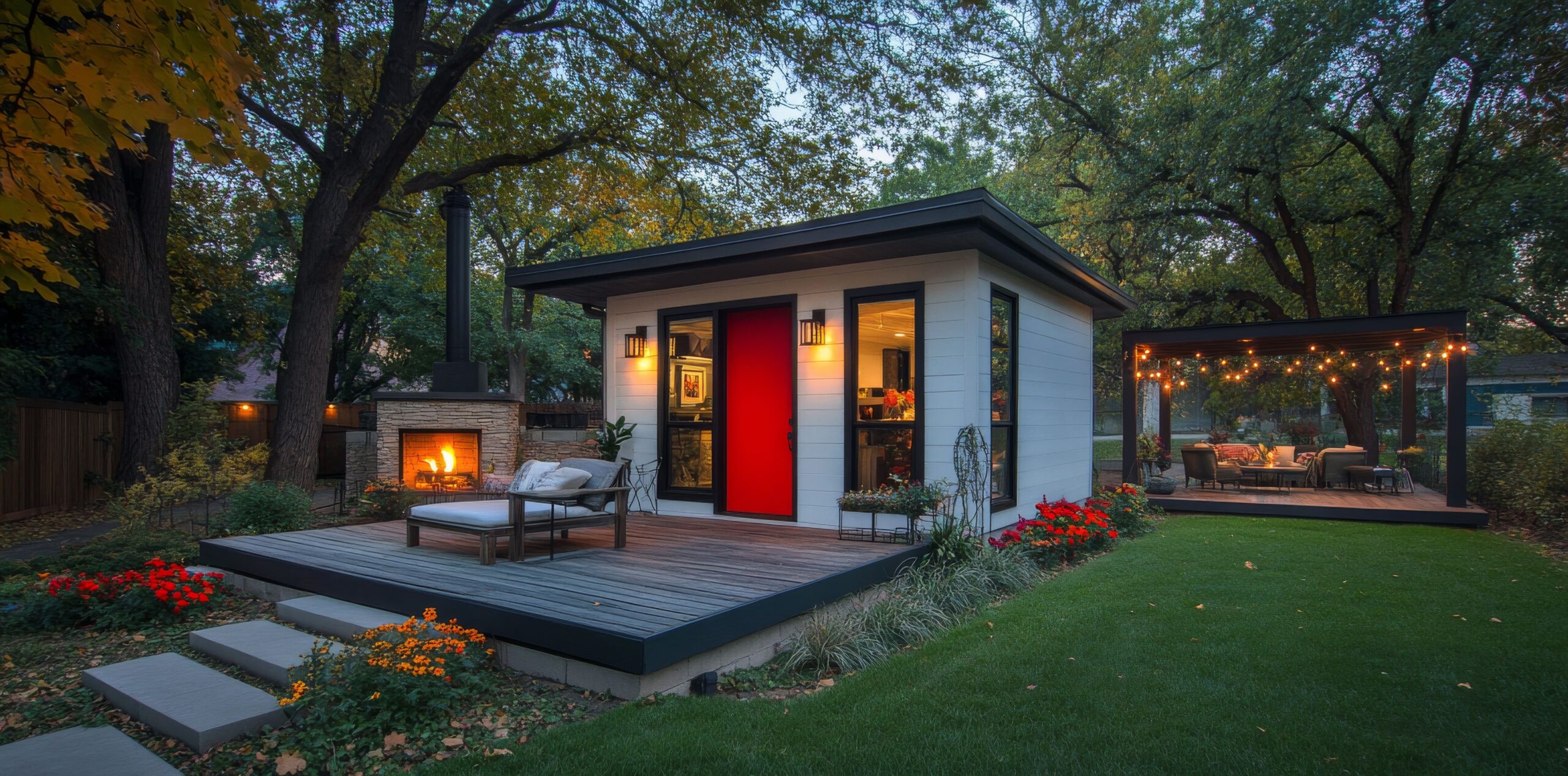 Cozy outdoor living space with a modern ADU and patio featuring outdoor lighting and fireplace