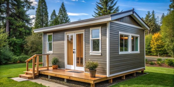 Small accessory dwelling unit (ADU) surrounded by trees in a landscaped backyard